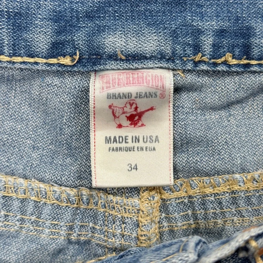 True Religion Ricky Straight Leg Jeans Mens 34x32 Made in USA Light Wash Blue